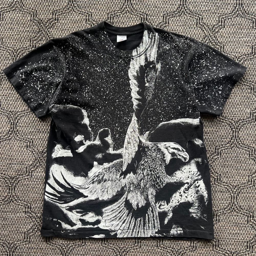Vintage Bald Eagle T-Shirt Mens XL Black All Over Print Starry Night Nature Bird